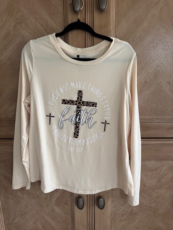 Tops - Faith Graphic Long Sleeve Top - Cream with Leopard Cross never worn, too big